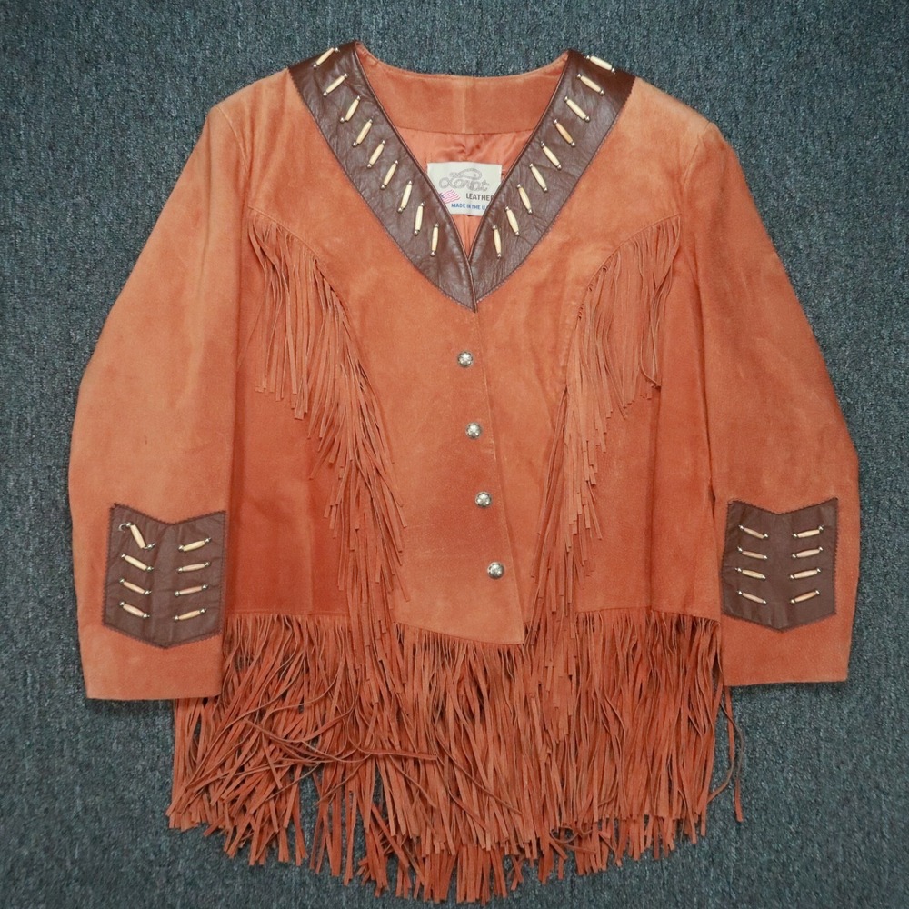 VINTAGE Lariat Jacket Womens 2X‎ Brown Leather Fringe Native American Western *